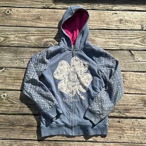Lucky Brand flower graphic pink sherpa lined zip up hoodie Heather Blue L 14/16